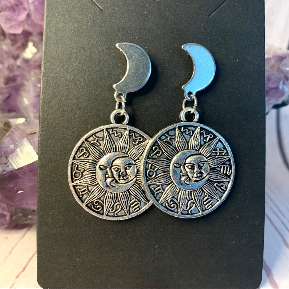 ⭐️ Zodiac Sun and Moon Stud Silver Hanging Earrings
